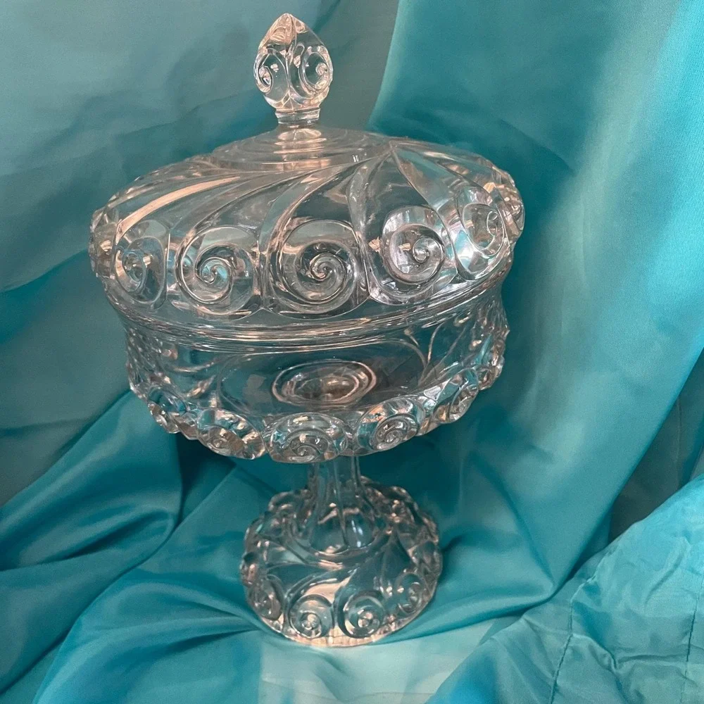 Vintage Lidded Copte Glass Pedestal Candy Dish Lid Swirl Pattern Ornate Design